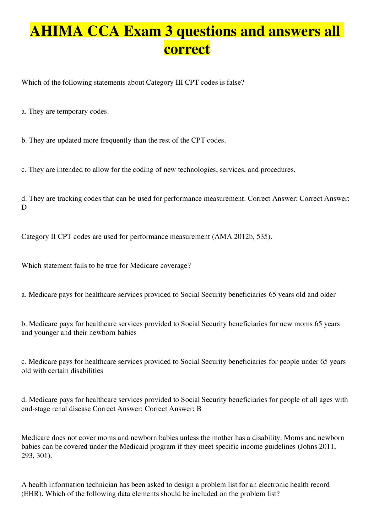 Preview image for AHIMA CCA Exam 3 questions and answers all correct